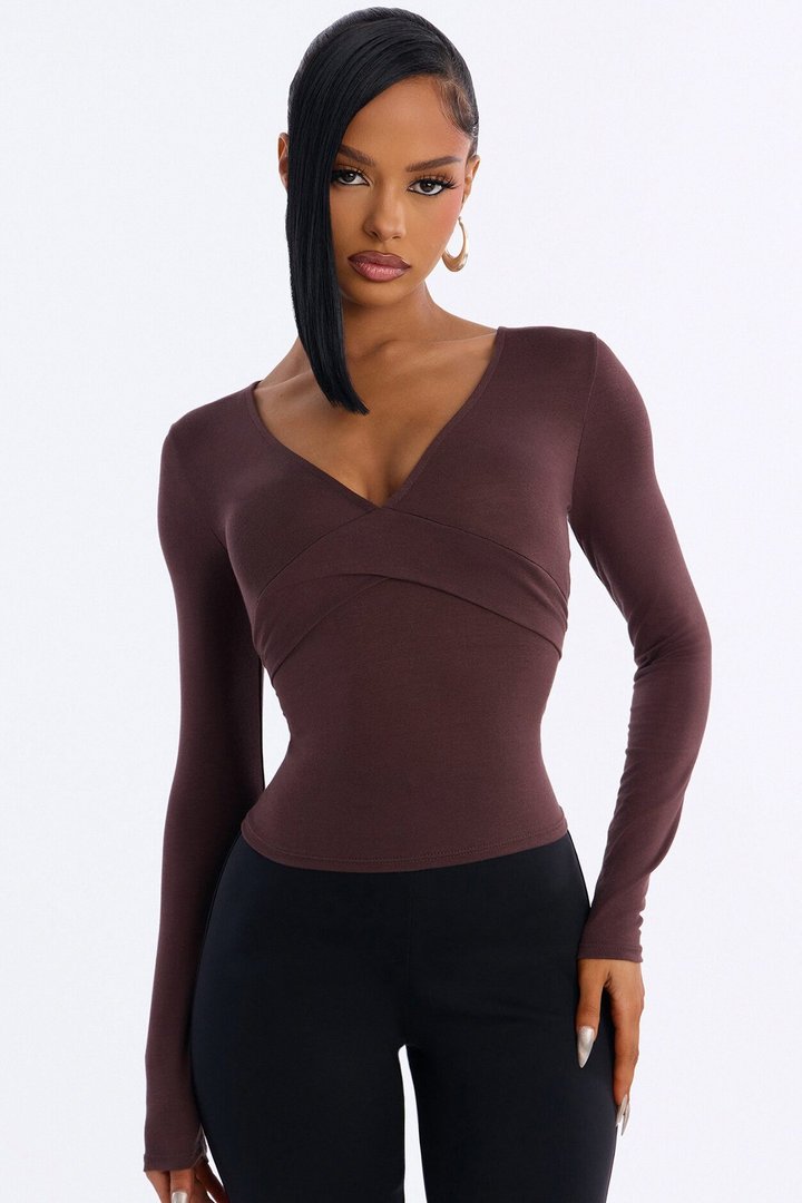 Jenni Back Tie Waist Long Sleeve Top - Chocolate