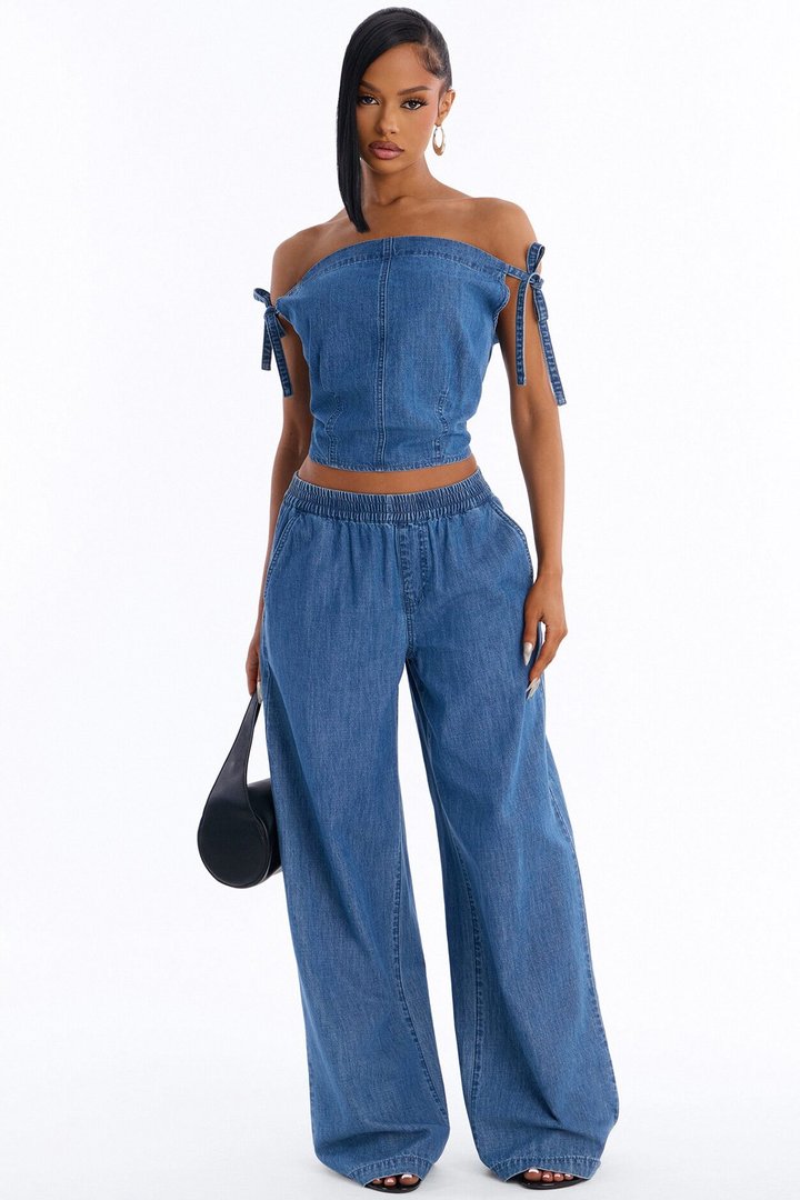 Brynn Off The Shoulder Wide Leg Denim Set - Medium Wash