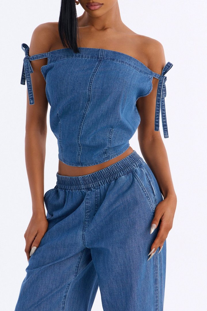 Brynn Off The Shoulder Wide Leg Denim Set - Medium Wash