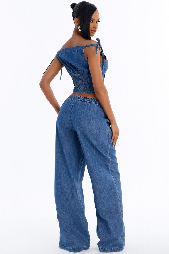 Brynn Off The Shoulder Wide Leg Denim Set - Medium Wash