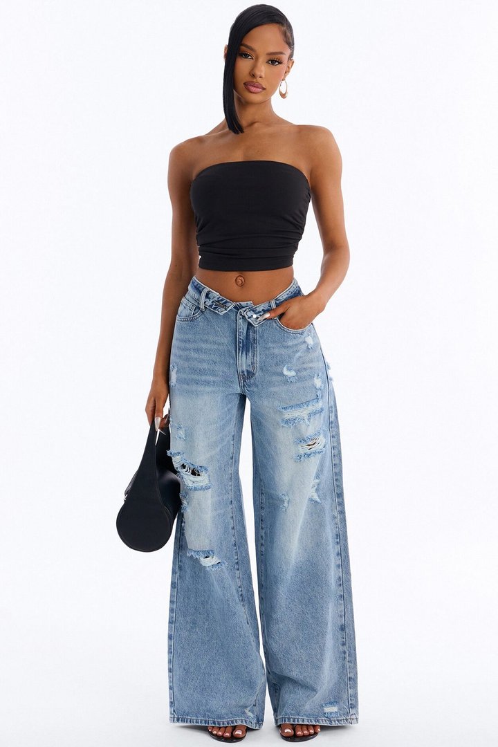Undone Foldover Ripped Low Rise Wide Leg Jeans - Light Wash