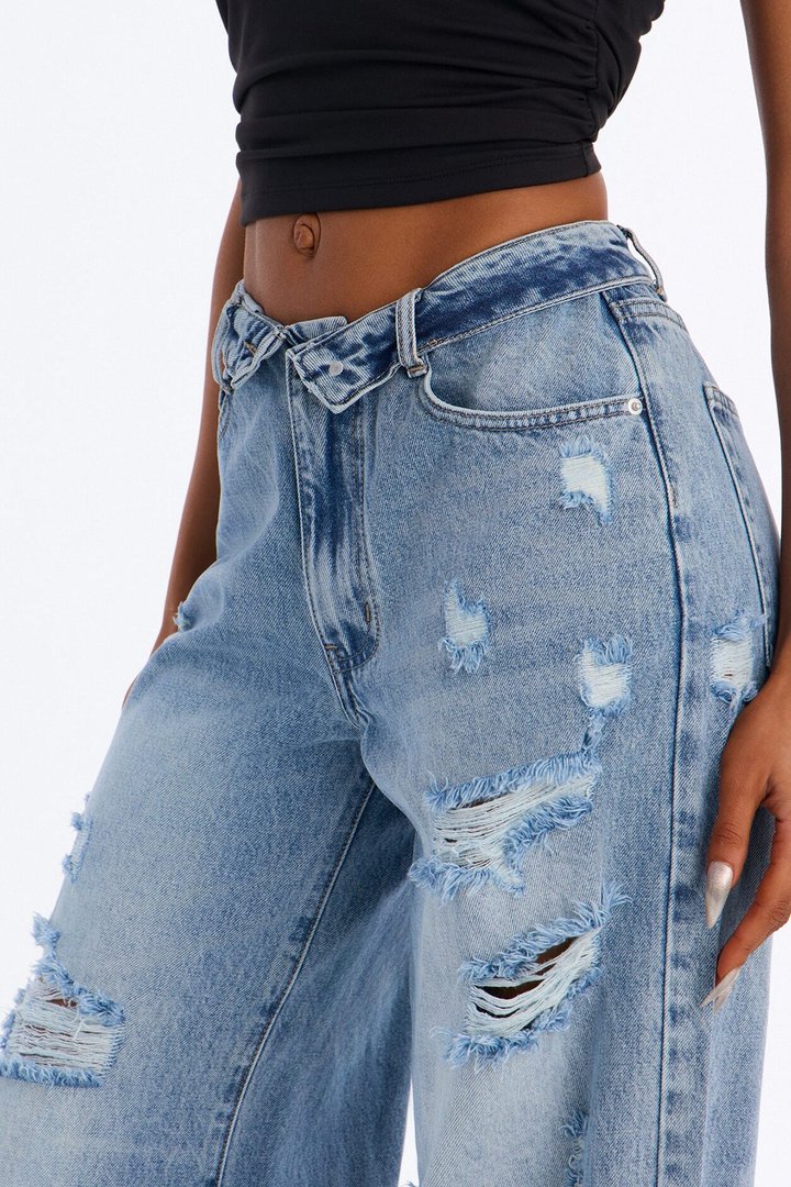 Undone Foldover Ripped Low Rise Wide Leg Jeans - Light Wash