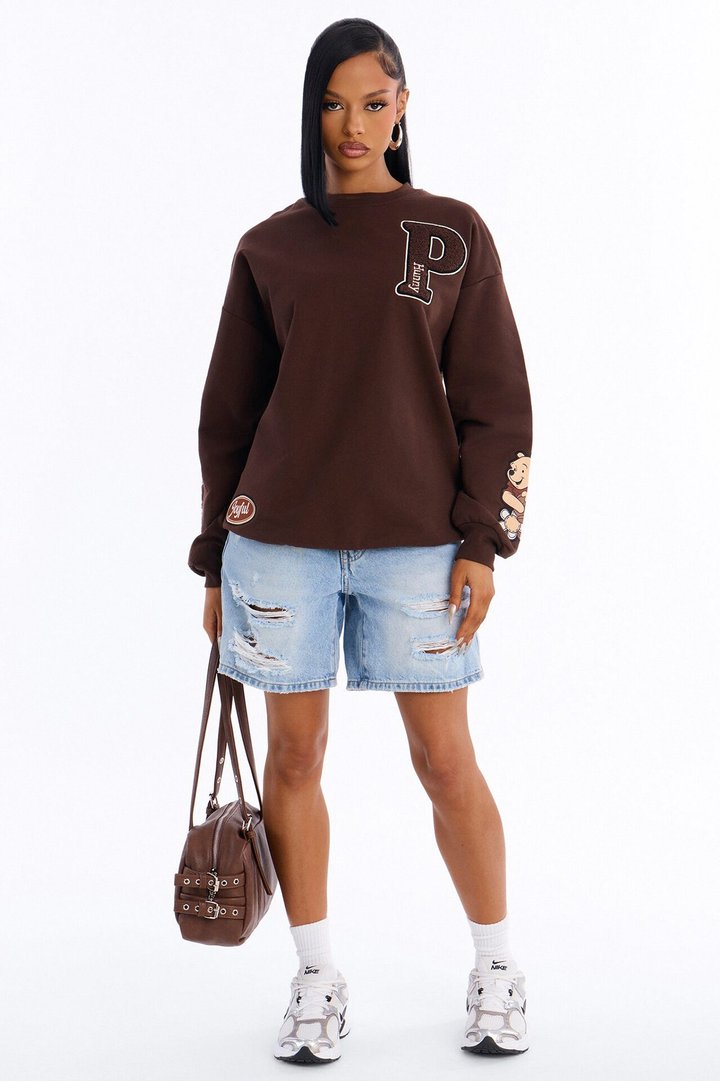 Winnie The Pooh Chenille Patch Crew Sweatshirt - Chocolate