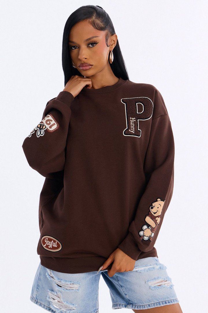 Winnie The Pooh Chenille Patch Crew Sweatshirt - Chocolate
