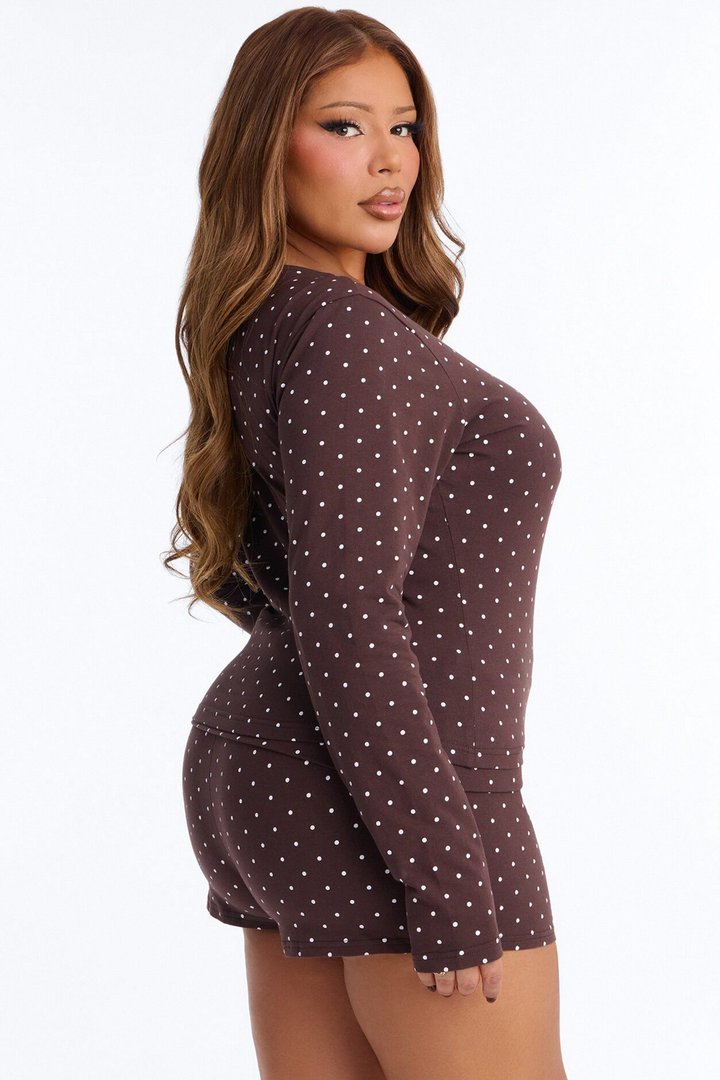 Madeline Polka Dot Button Up Knit Top - Brown/combo