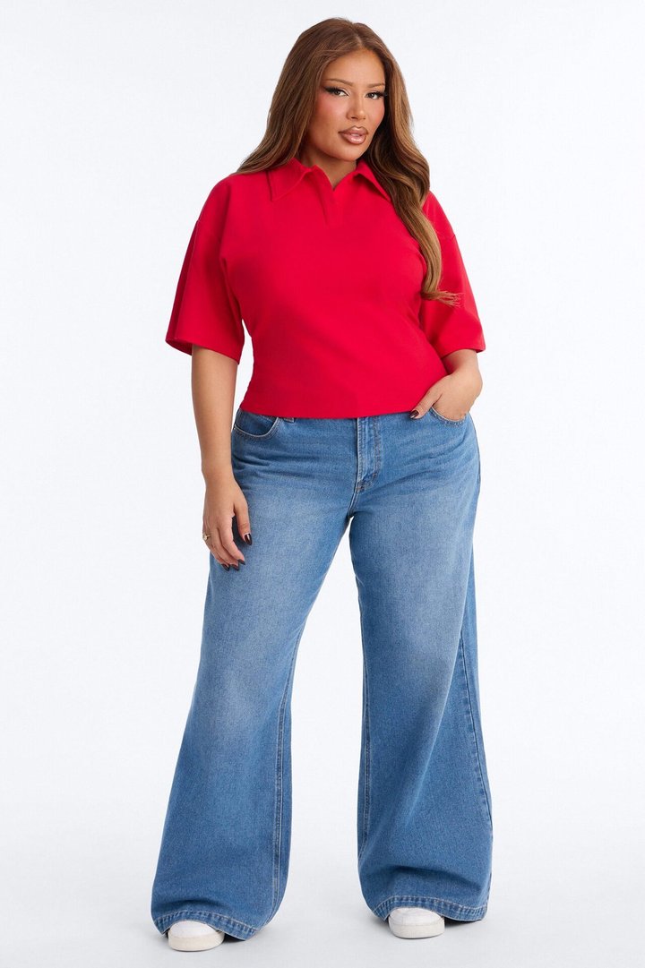 Street Serve Cinched Short Sleeve Polo Top - Red