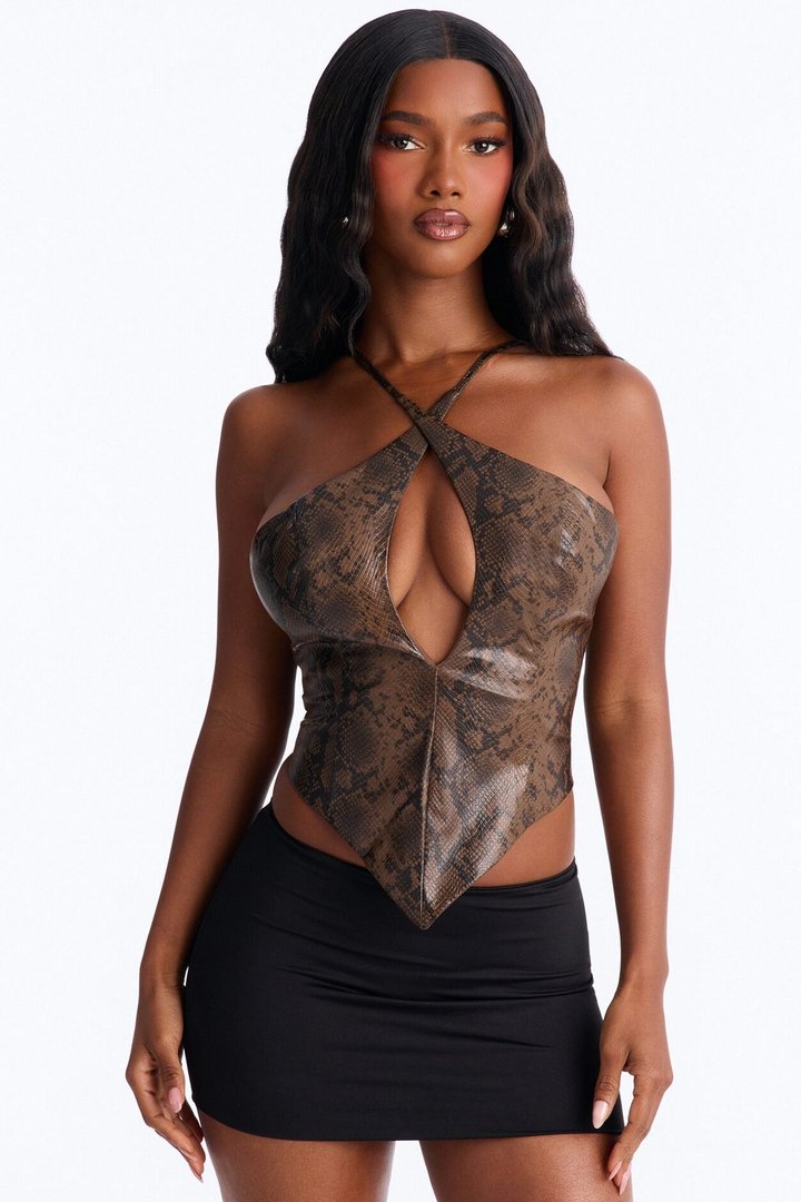 Not Reachable Snake Faux Leather Top - Chocolate/Combo