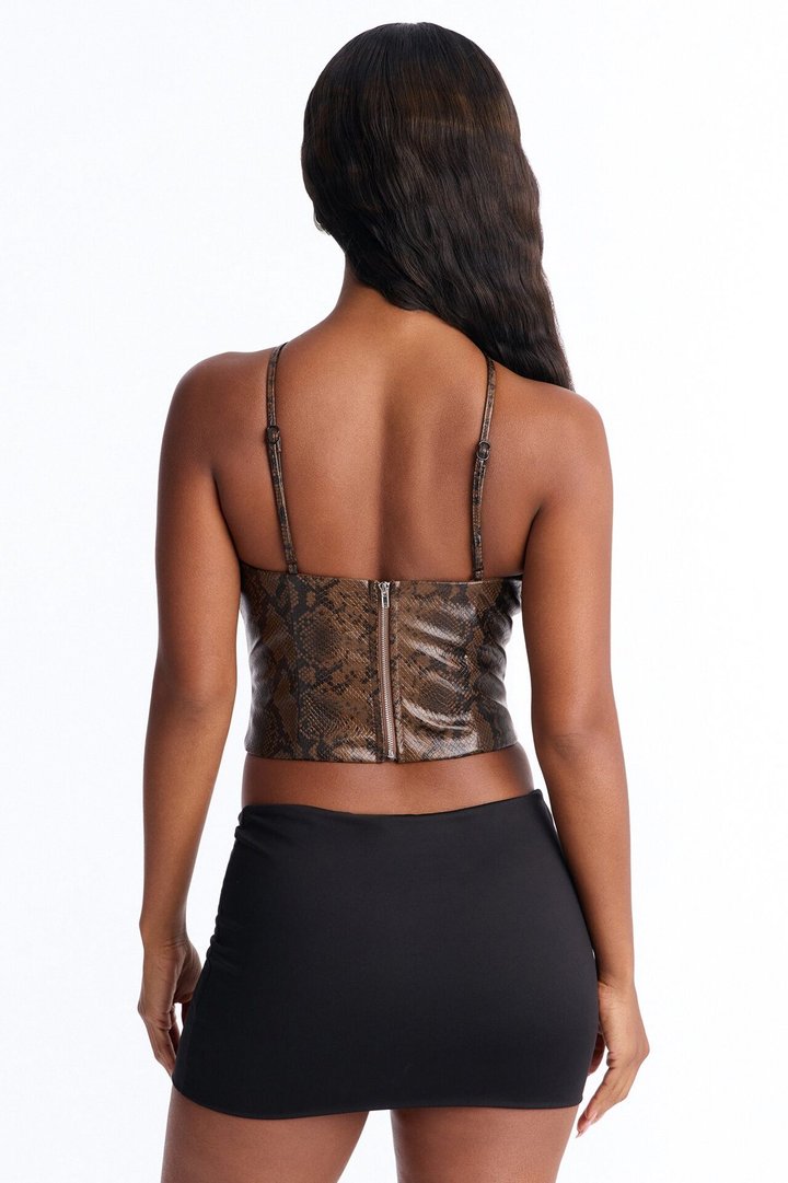 Not Reachable Snake Faux Leather Top - Chocolate/Combo