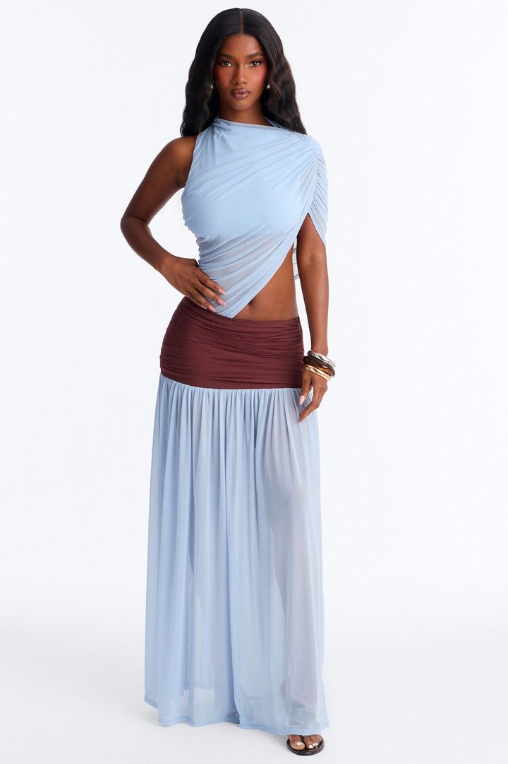 Delilah Draped Mesh Maxi Dress - Blue/combo