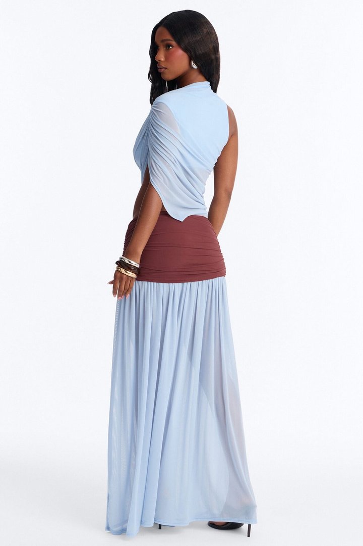 Delilah Draped Mesh Maxi Dress - Blue/combo