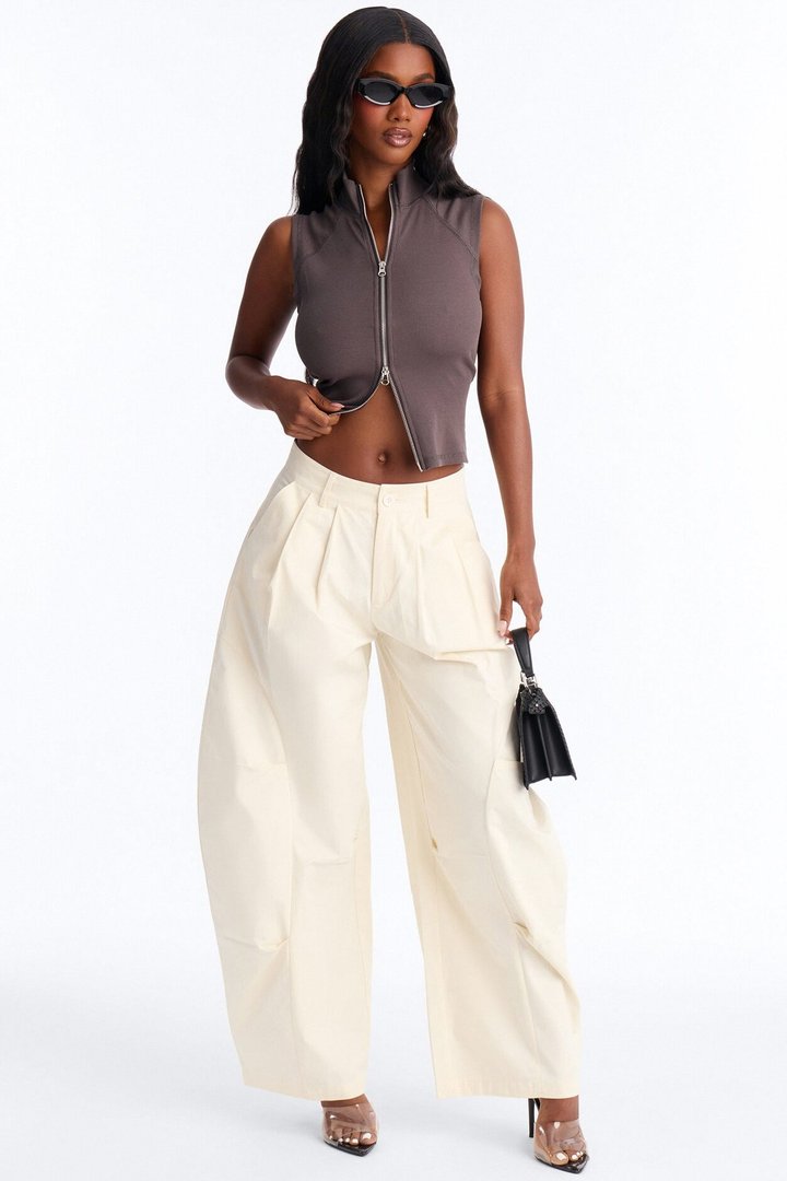Brook Ribbed High Neck Zipper Sleeveless Top - Charcoal