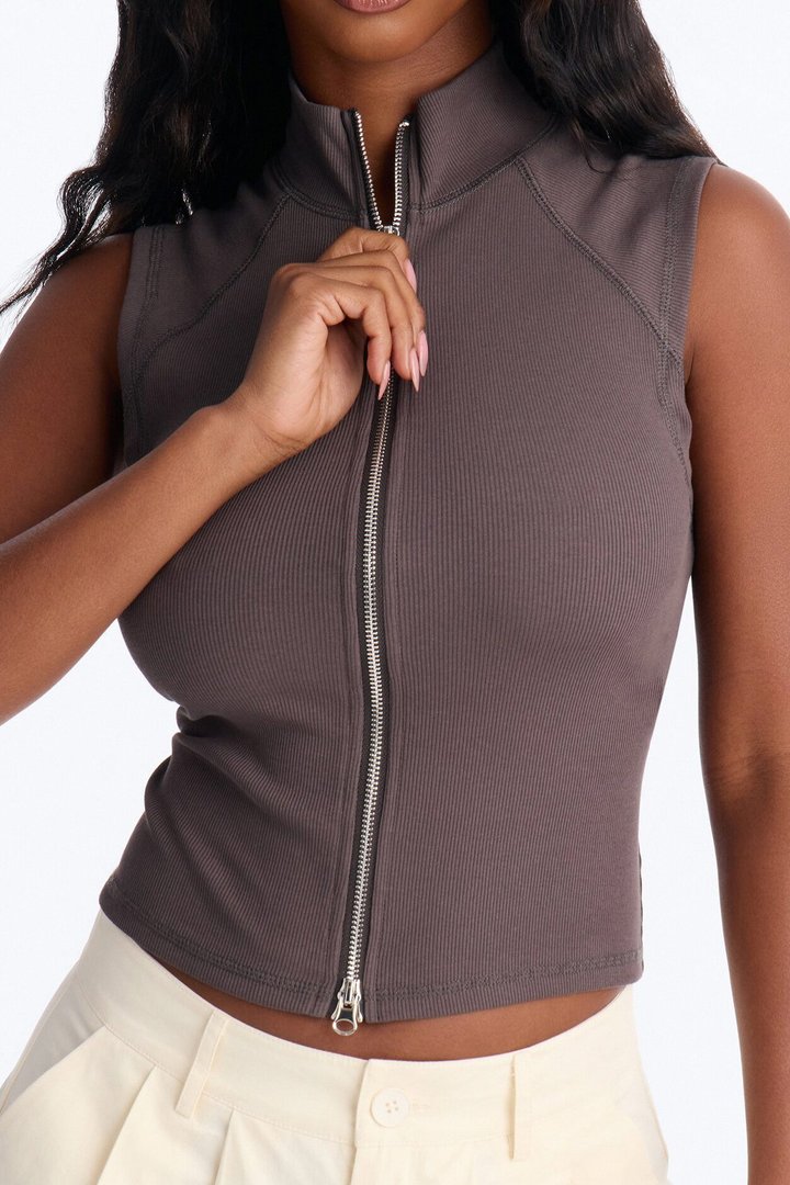 Brook Ribbed High Neck Zipper Sleeveless Top - Charcoal