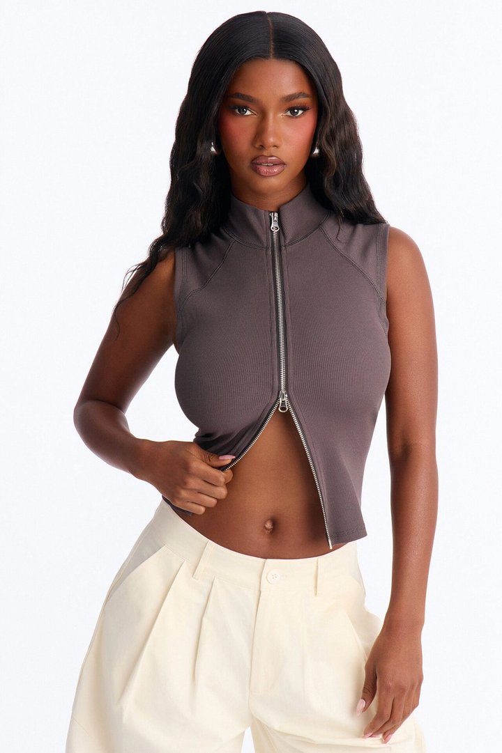 Brook Ribbed High Neck Zipper Sleeveless Top - Charcoal