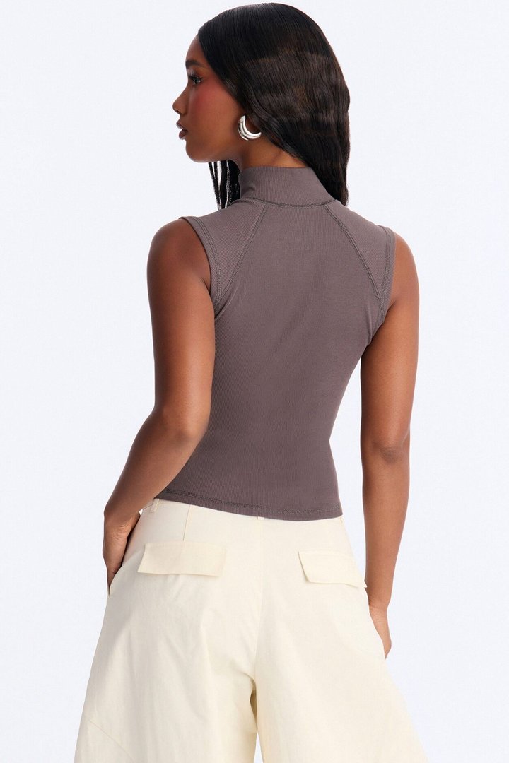 Brook Ribbed High Neck Zipper Sleeveless Top - Charcoal