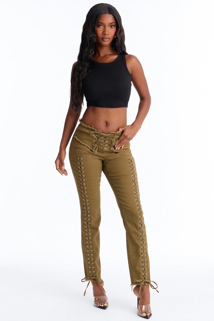 Beca Low Rise Skinny Lace Up Pant - Olive