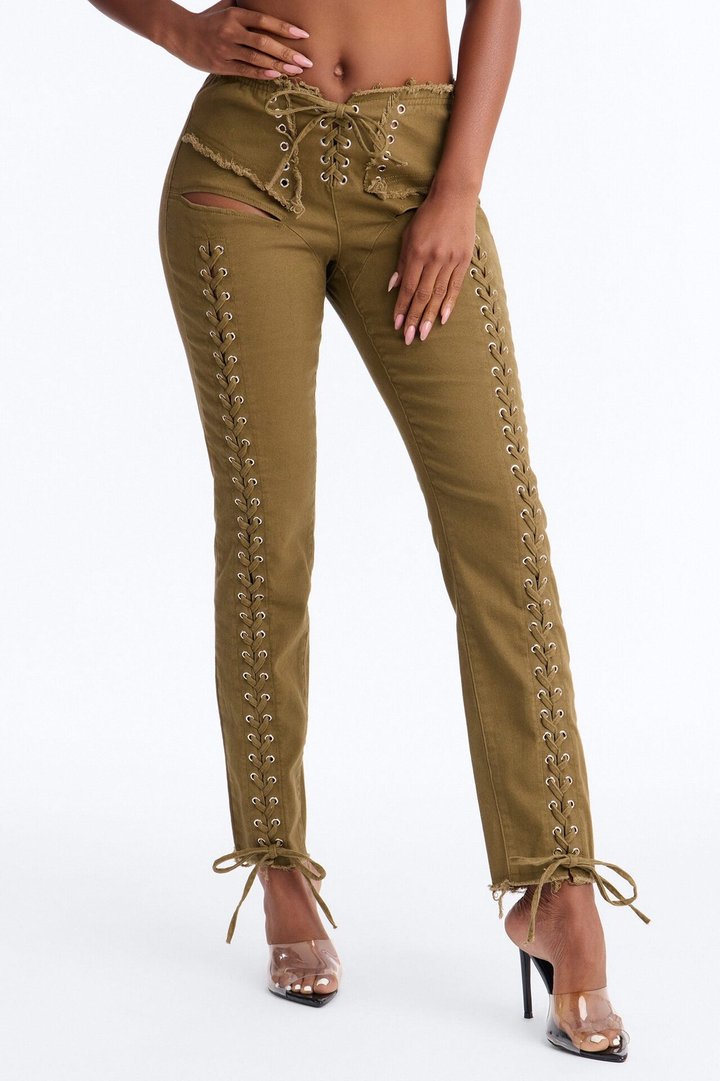Beca Low Rise Skinny Lace Up Pant - Olive