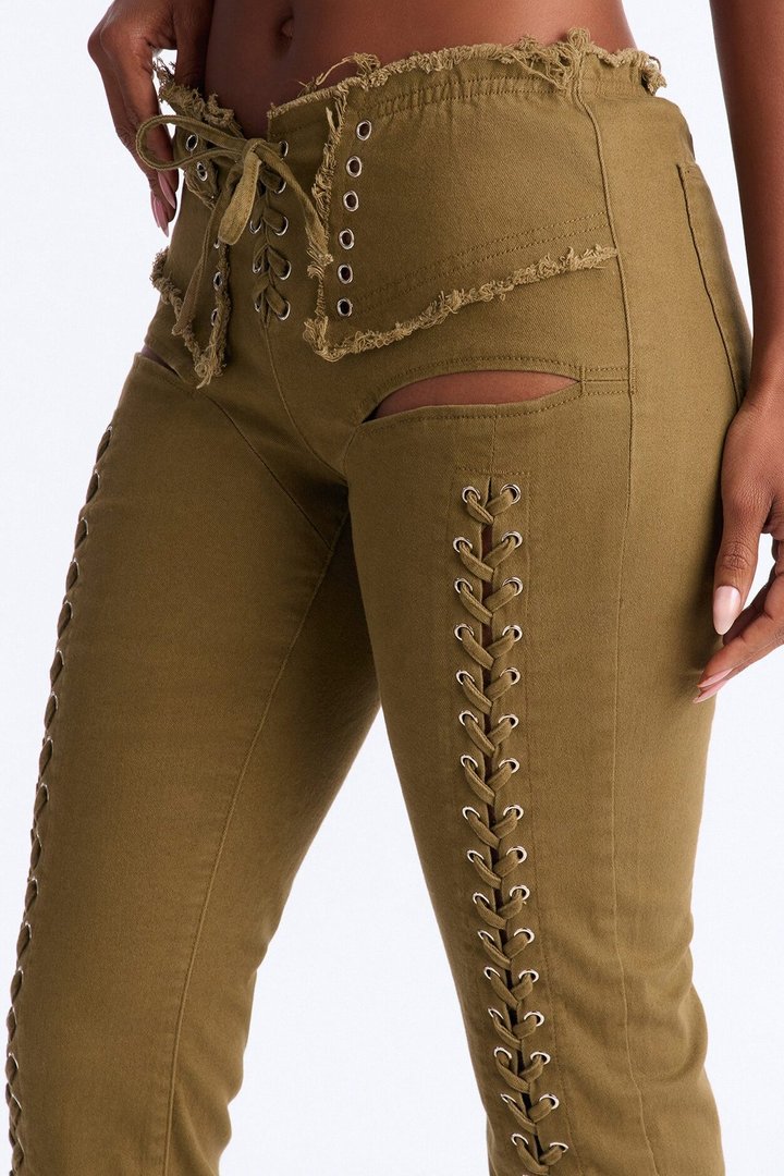 Beca Low Rise Skinny Lace Up Pant - Olive