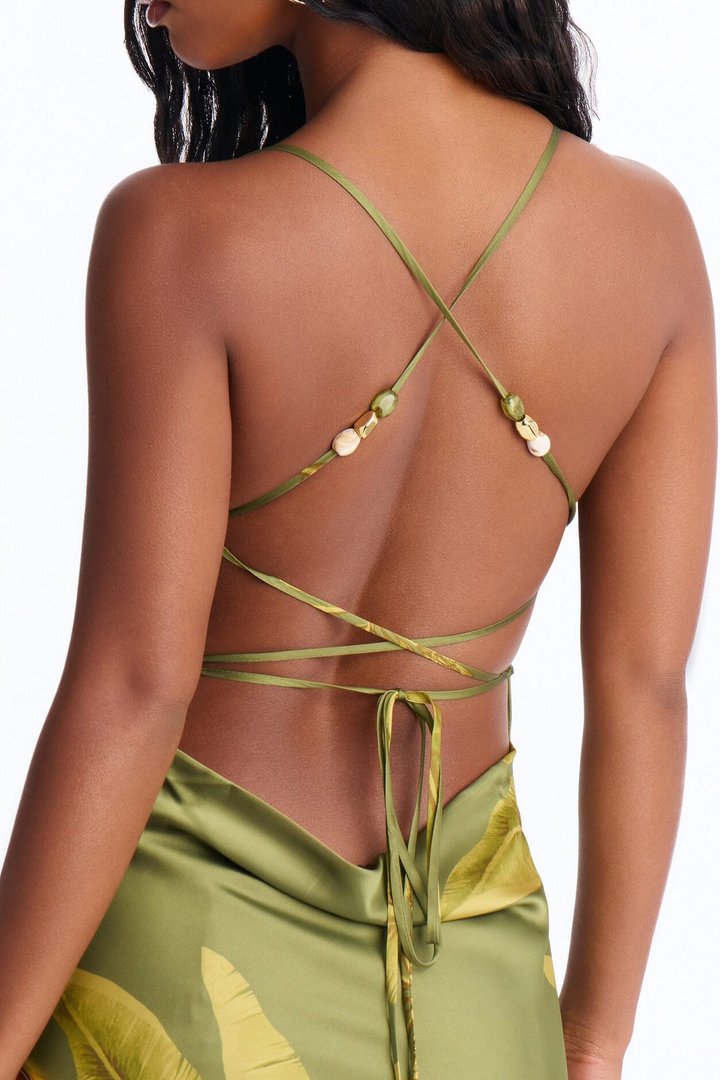 Aylin Floral Backless Satin Mini Dress - Olive/combo