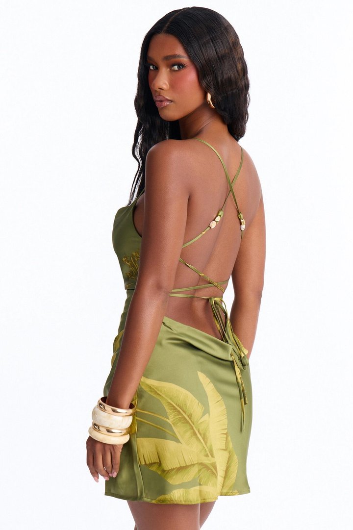 Aylin Floral Backless Satin Mini Dress - Olive/combo