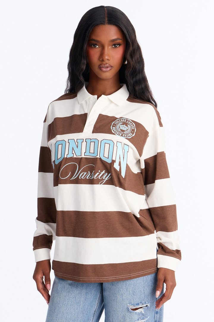 London Varsity Striped Long Sleeve Polo - Brown Combo