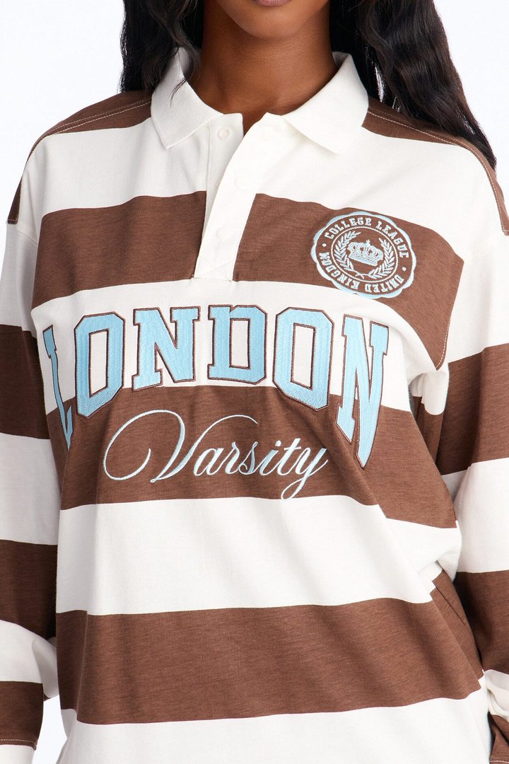 London Varsity Striped Long Sleeve Polo - Brown Combo