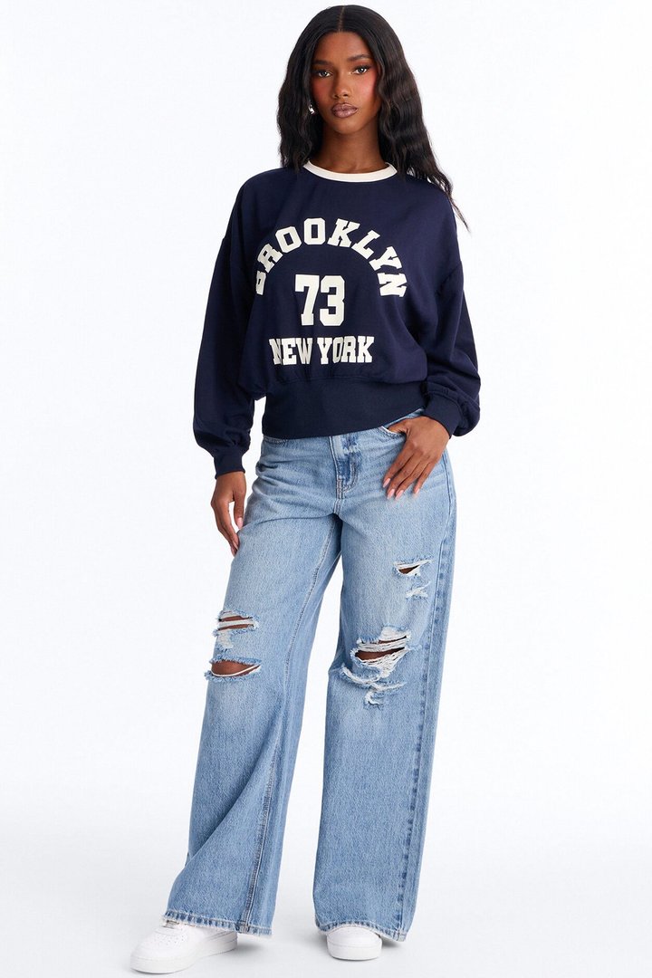 Brooklyn Varsity League Fleece Crew Neck Sweatshirt - Navy