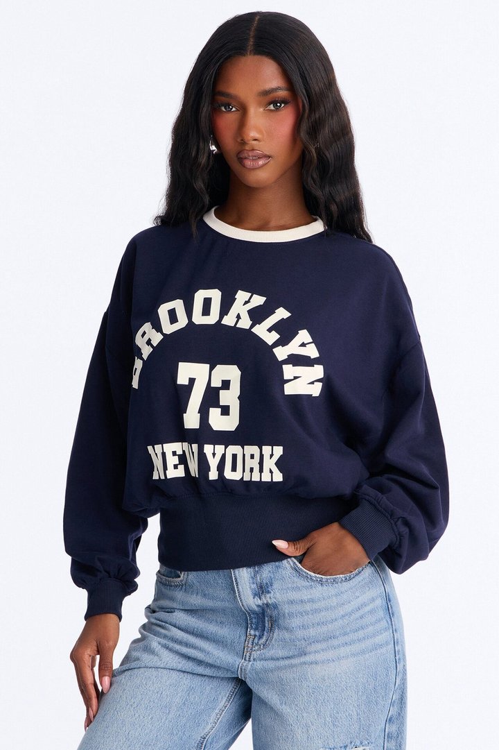 Brooklyn Varsity League Fleece Crew Neck Sweatshirt - Navy