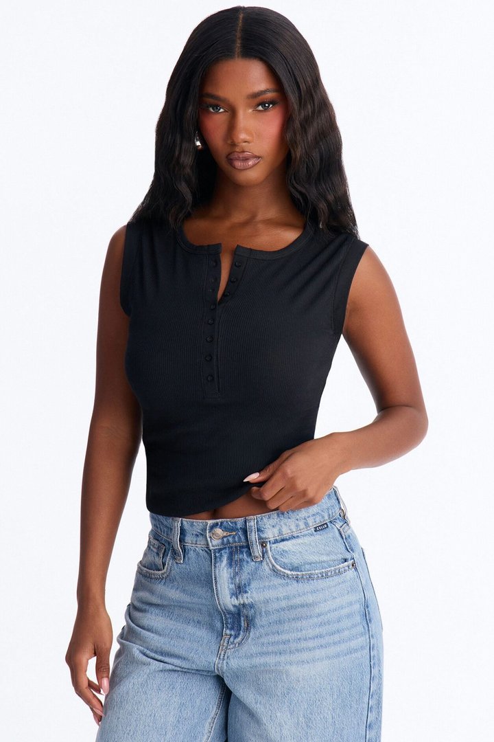 Hailey Ribbed Henley Muscle Tank Top - Black