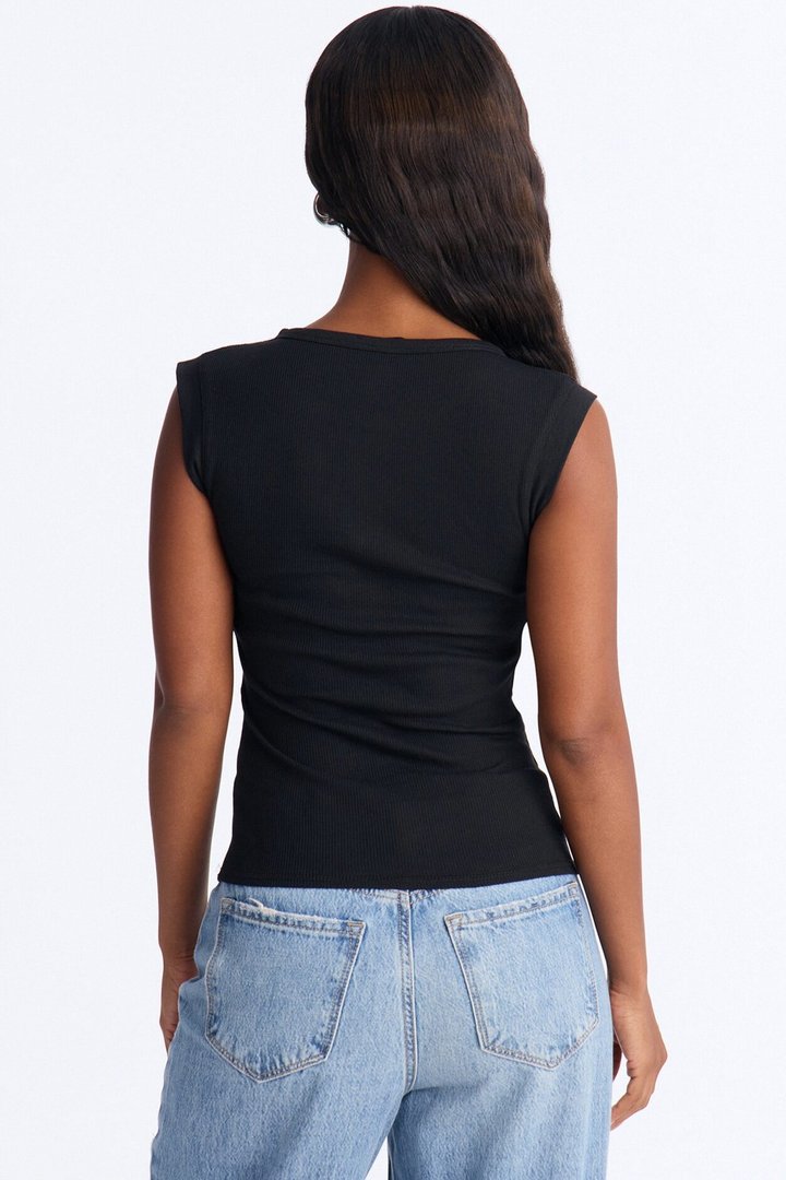 Hailey Ribbed Henley Muscle Tank Top - Black