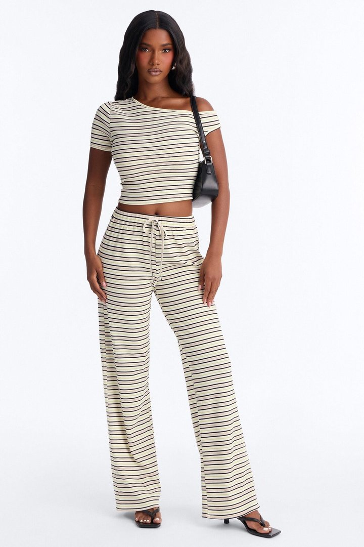 Casey Off Shoulder Thermal Striped Pant Set - Cream/combo