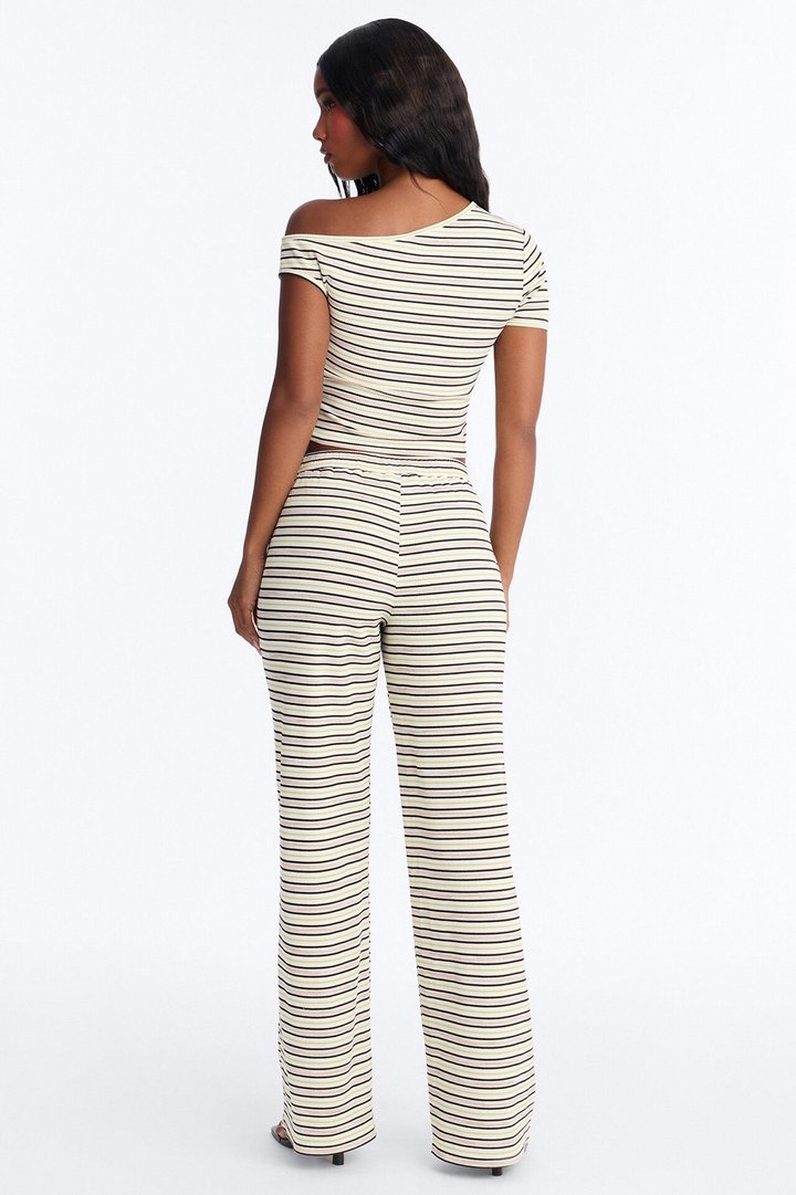 Casey Off Shoulder Thermal Striped Pant Set - Cream/combo