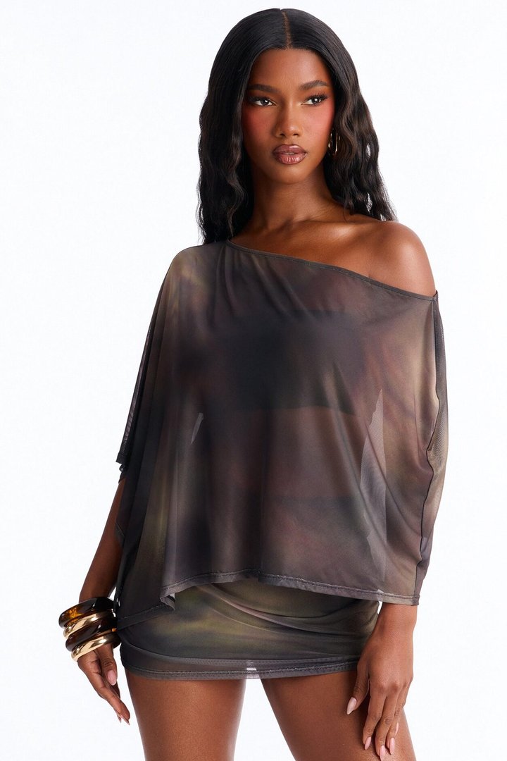 Camaria Mesh Poncho Skirt Set - Brown/combo