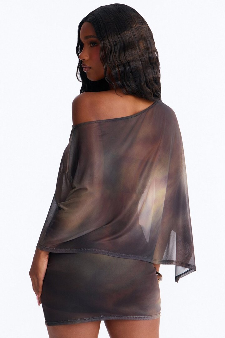 Camaria Mesh Poncho Skirt Set - Brown/combo