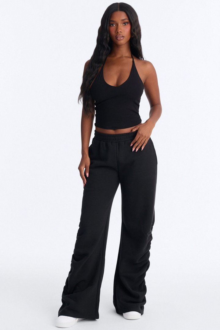 Meghan Ruched Leg Fleece Lounge Pant - Black