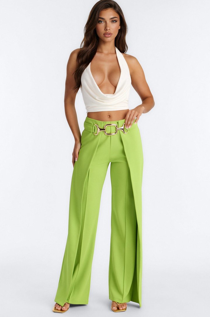 Bali Babe High Rise Wide Leg Trouser - Lime