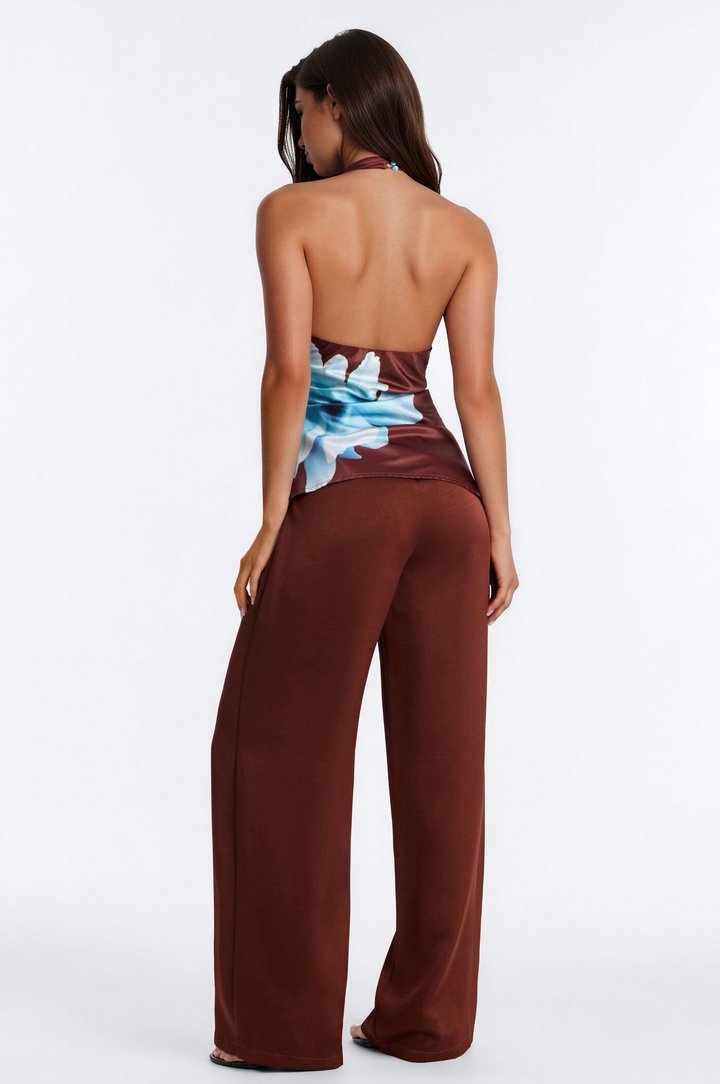 Greta Satin Floral High Neck Jumpsuit - Chocolate