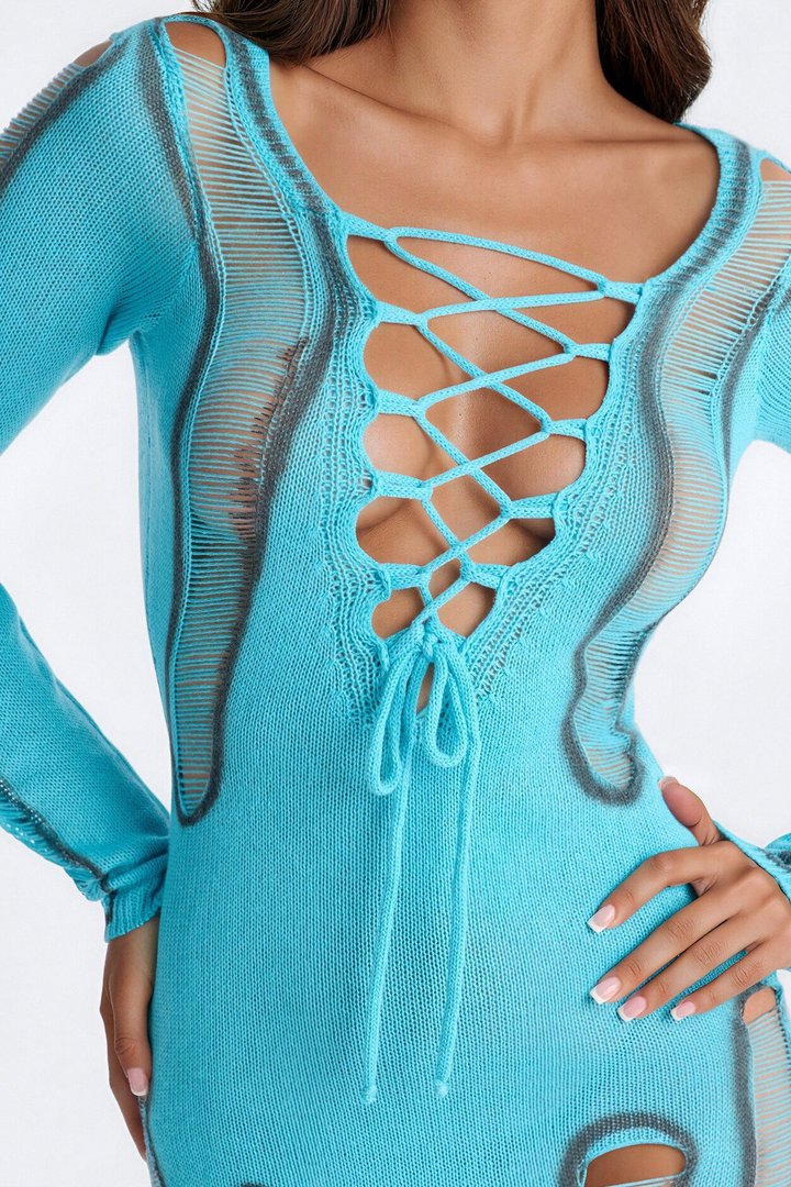 Unraveled Distressed Sweater Mini Dress - Blue