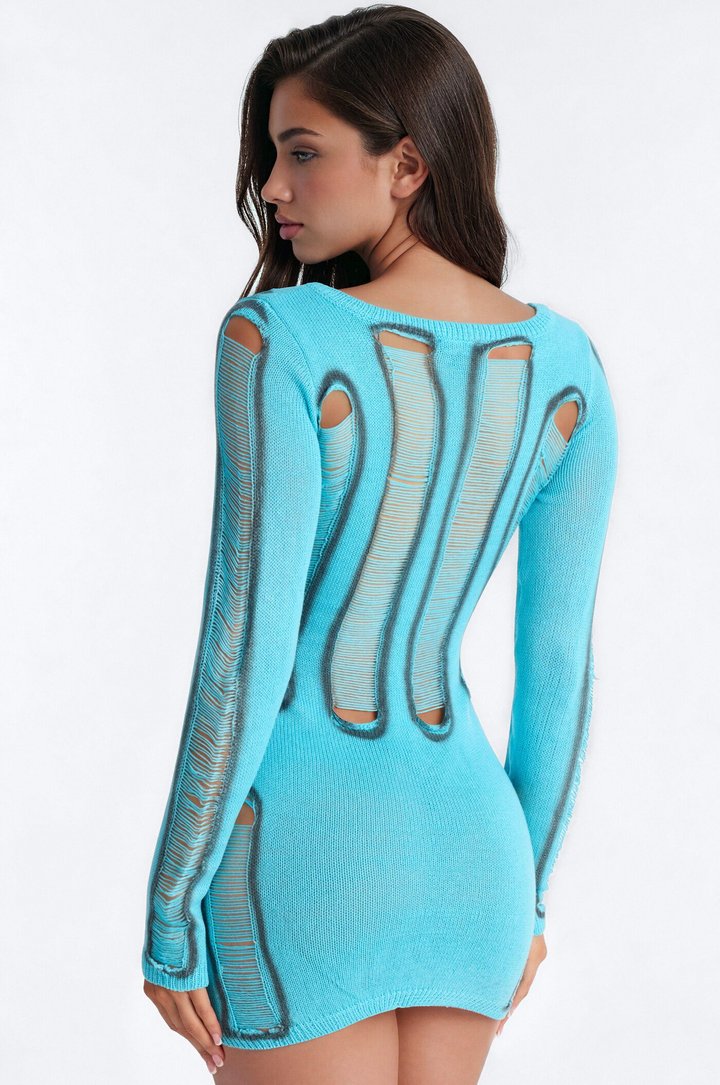 Unraveled Distressed Sweater Mini Dress - Blue