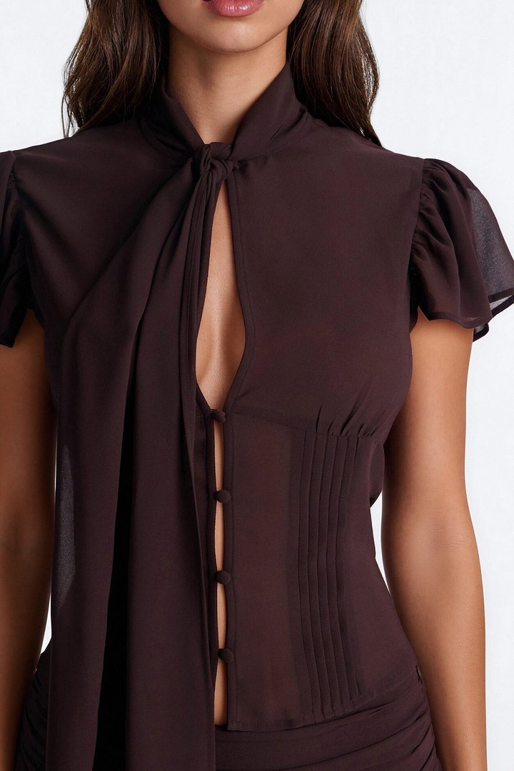 Remi Chiffon Neck Tie Blouse - Chocolate