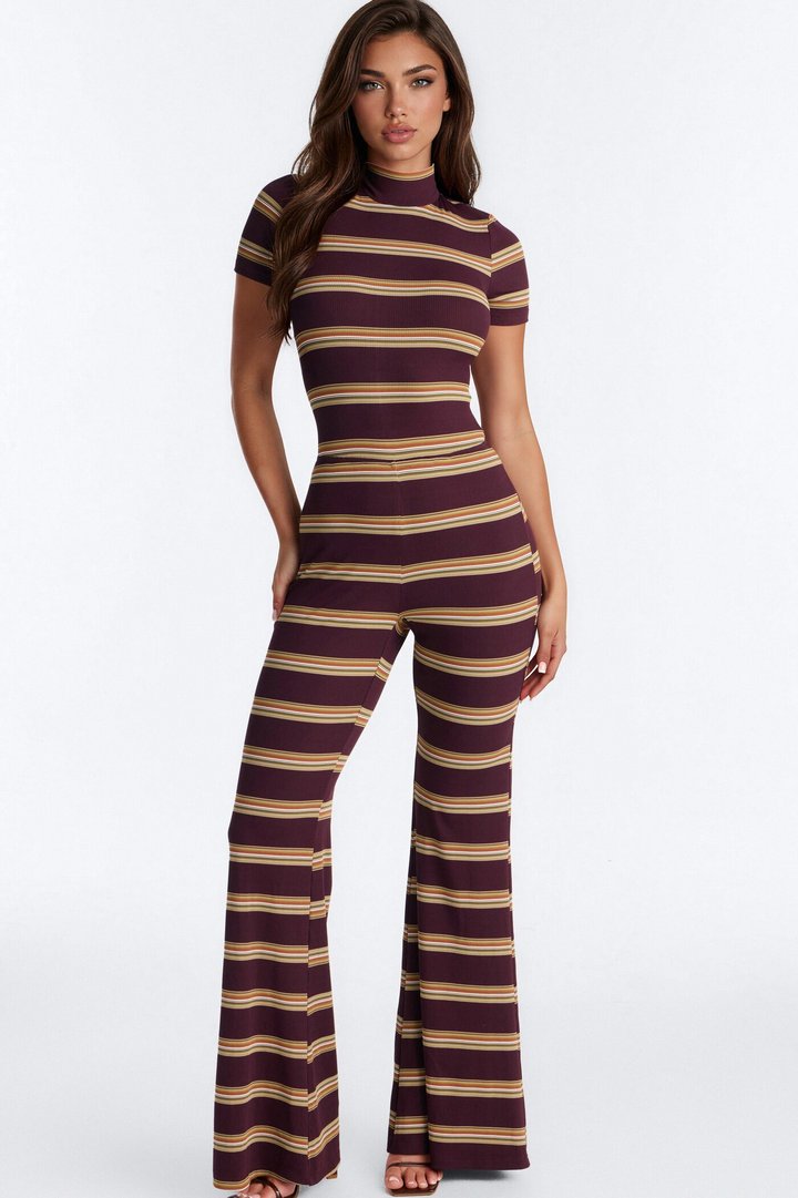 Crossing Lines Ribbed StripedJumpsuit - Wine