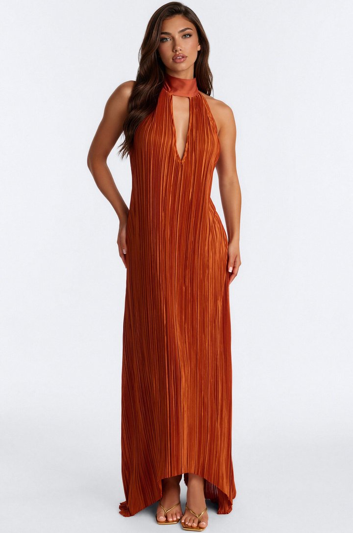 Can't Reach Me Plisse Maxi Dress - Rust