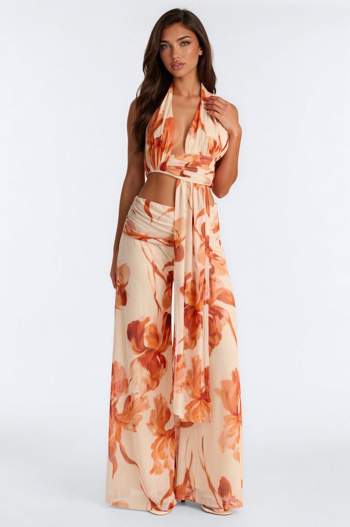 Sunkissed Petals Halter Pant Set - Orange/combo