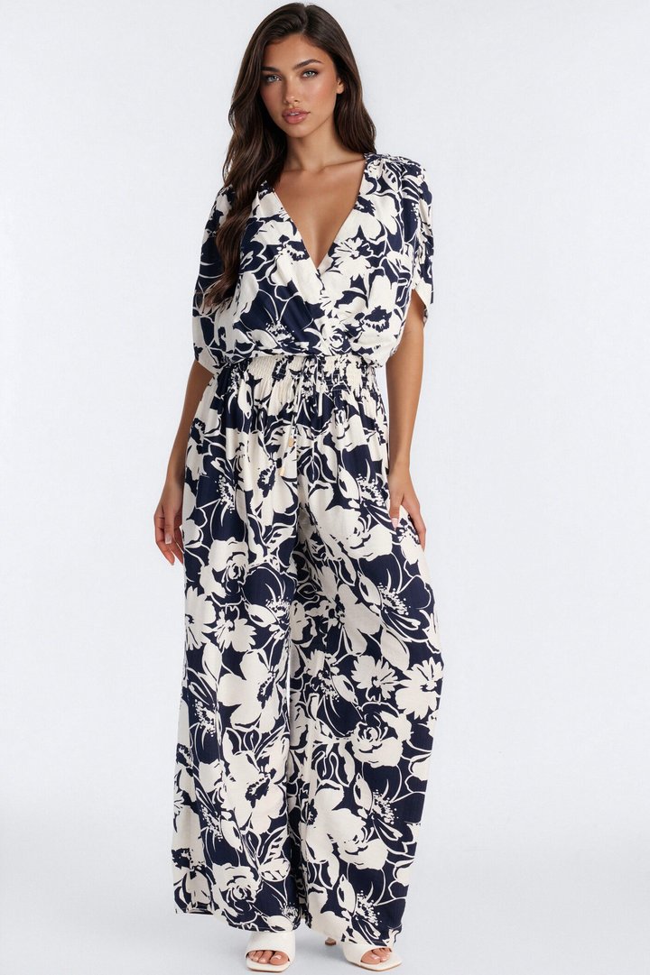 Lina Tropical Print Wide Leg Jumpsuit - Navy