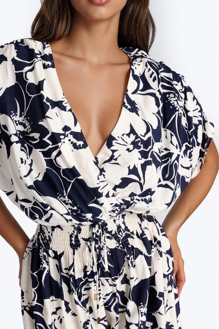 Lina Tropical Print Wide Leg Jumpsuit - Navy