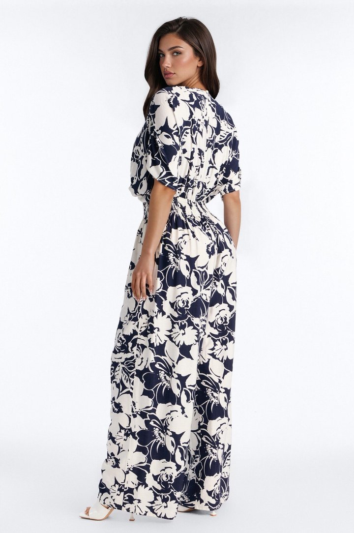 Lina Tropical Print Wide Leg Jumpsuit - Navy