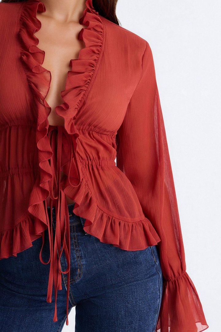 About Me Flyaway Chiffon Ruffle Top - Rust