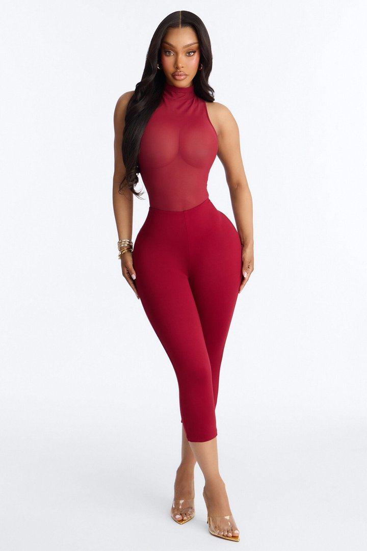 Power Mesh Turtle Neck Sleeveless Bodysuit - DarkRed