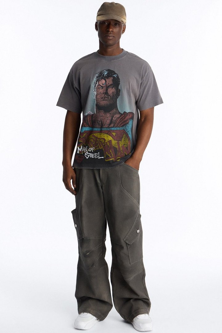 Superman Man Of Steel Vintage Heavy Weight Distressed Short Sleeve Tee - Charcoal