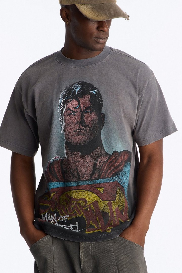 Superman Man Of Steel Vintage Heavy Weight Distressed Short Sleeve Tee - Charcoal