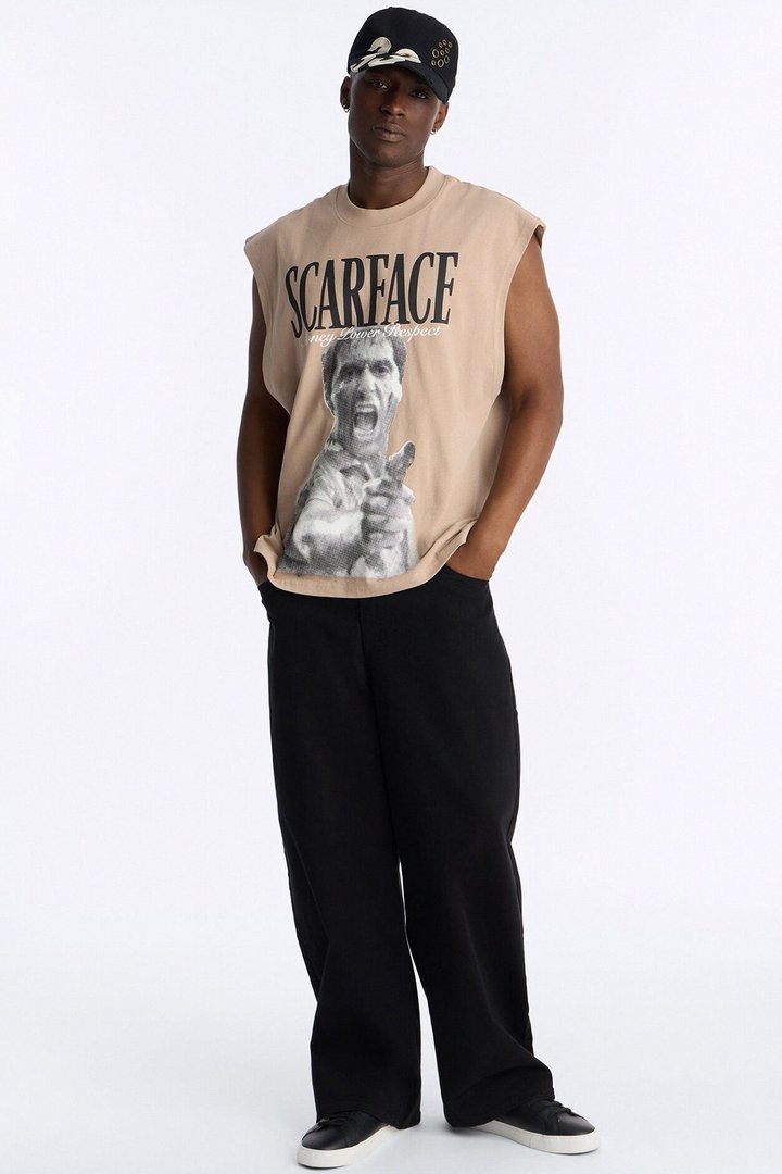 Heavy Weight Scarface Money Power Respect Muscle Tee - Taupe